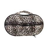 N'Sentials Roar Bra Travel Case, featuring a leopard print design with black lace accent, perfect for storing two bras (A-C cup sizes) and other essentials while on the go