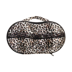 N'Sentials Roar Bra Travel Case, featuring a leopard print design with black lace accent, perfect for storing two bras (A-C cup sizes) and other essentials while on the go
