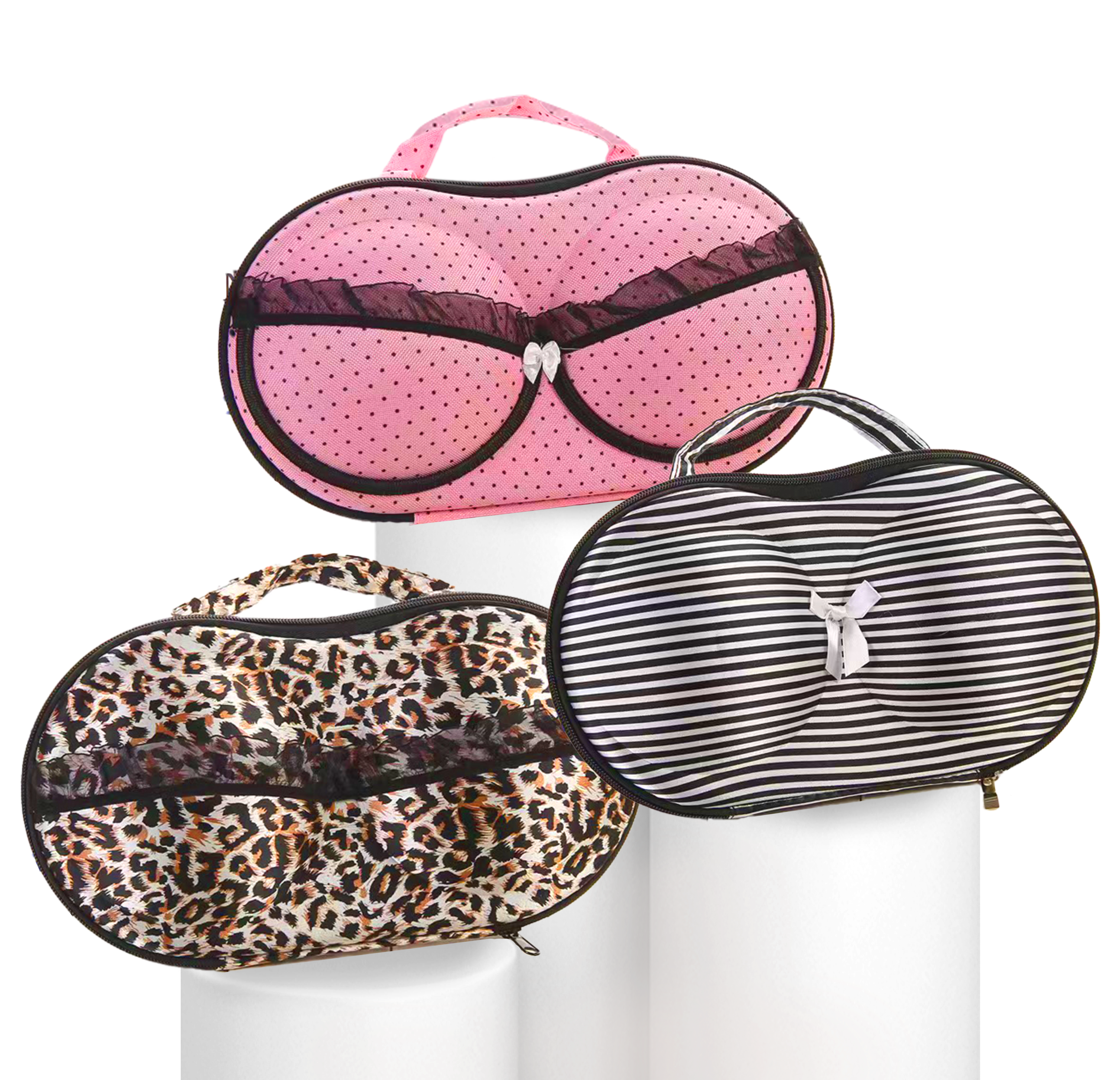 Bra Travel Case Trio featuring three stylish options - Roar, Pretty-N-Pink, and Classic Chic, perfect for gifting and organizing intimates on the go.