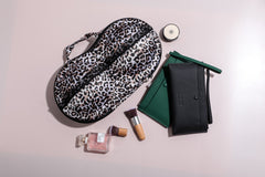 N'Sentials Large Roar Bra Travel Case in leopard print, designed to hold up to three bras (A-F cup sizes) and serve as a chic clutch for both travel and evening outings.